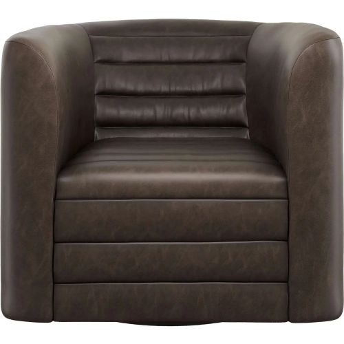 GT Barrel Accent Swivel Chair in Channel Tufted Dark Brown Vegan Leather